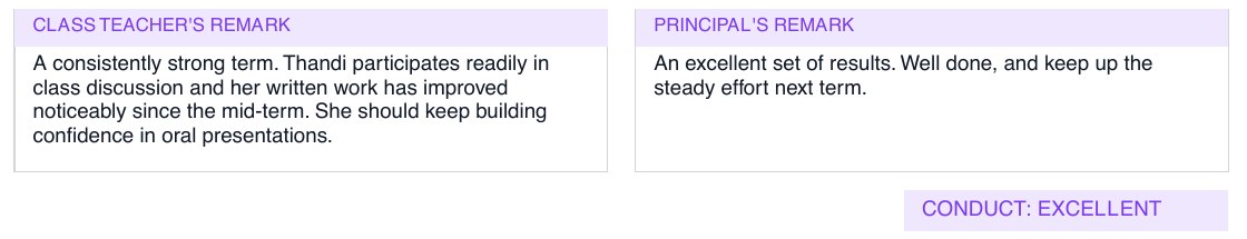 The teacher and principal remark boxes on a printed report card