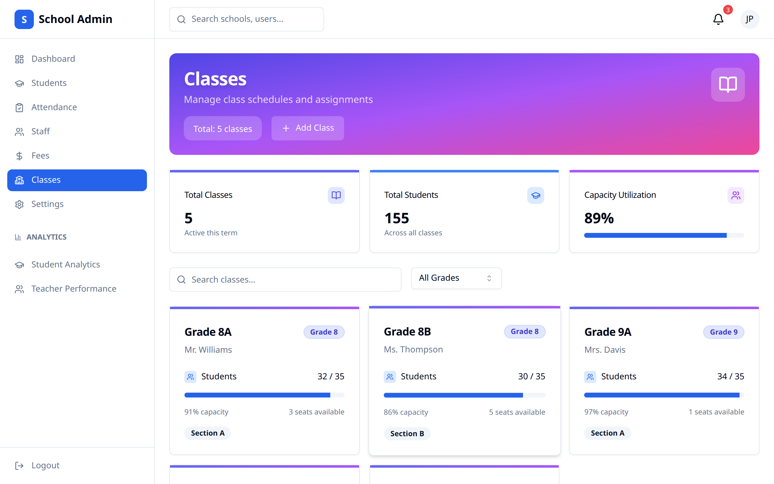 Classes main page