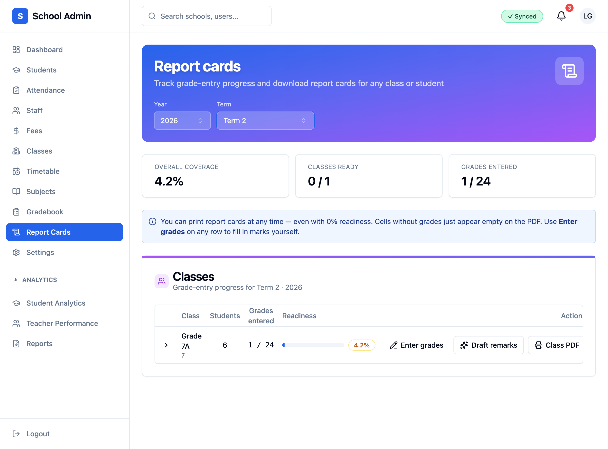 The Draft remarks button on the Report Cards page