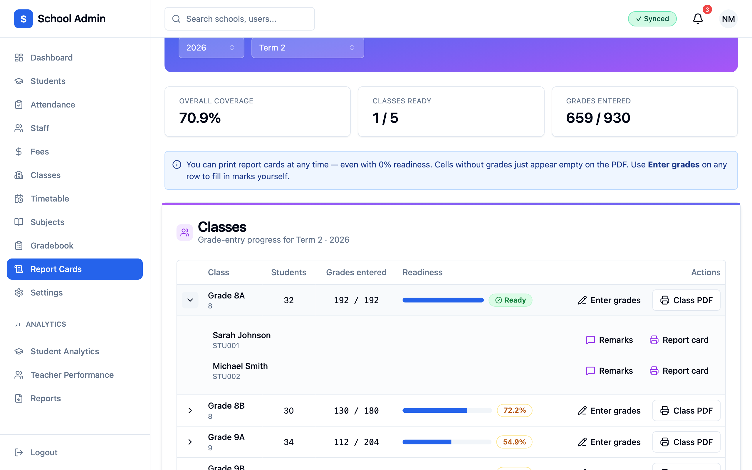The Report Cards page with a class expanded