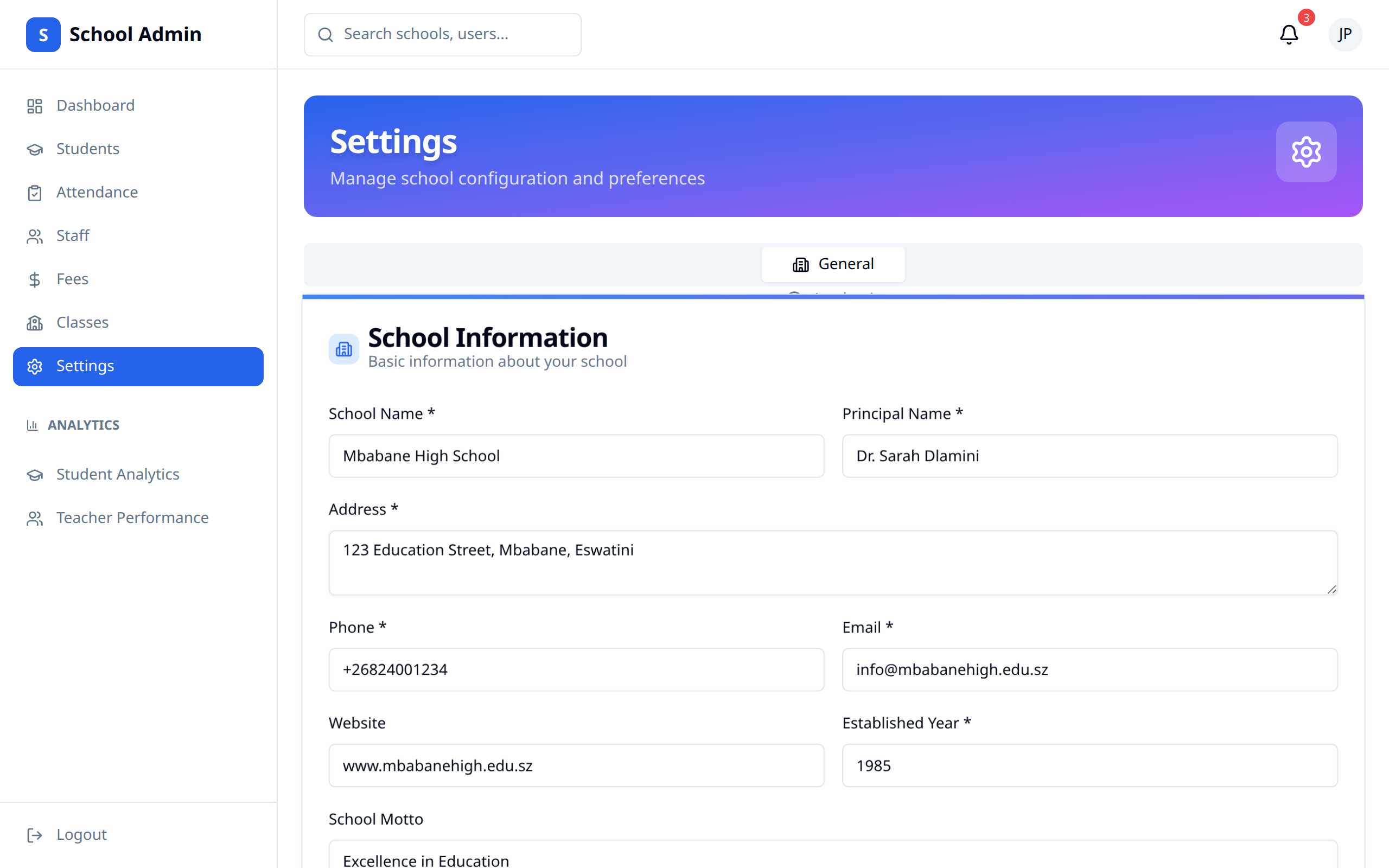 Settings main page