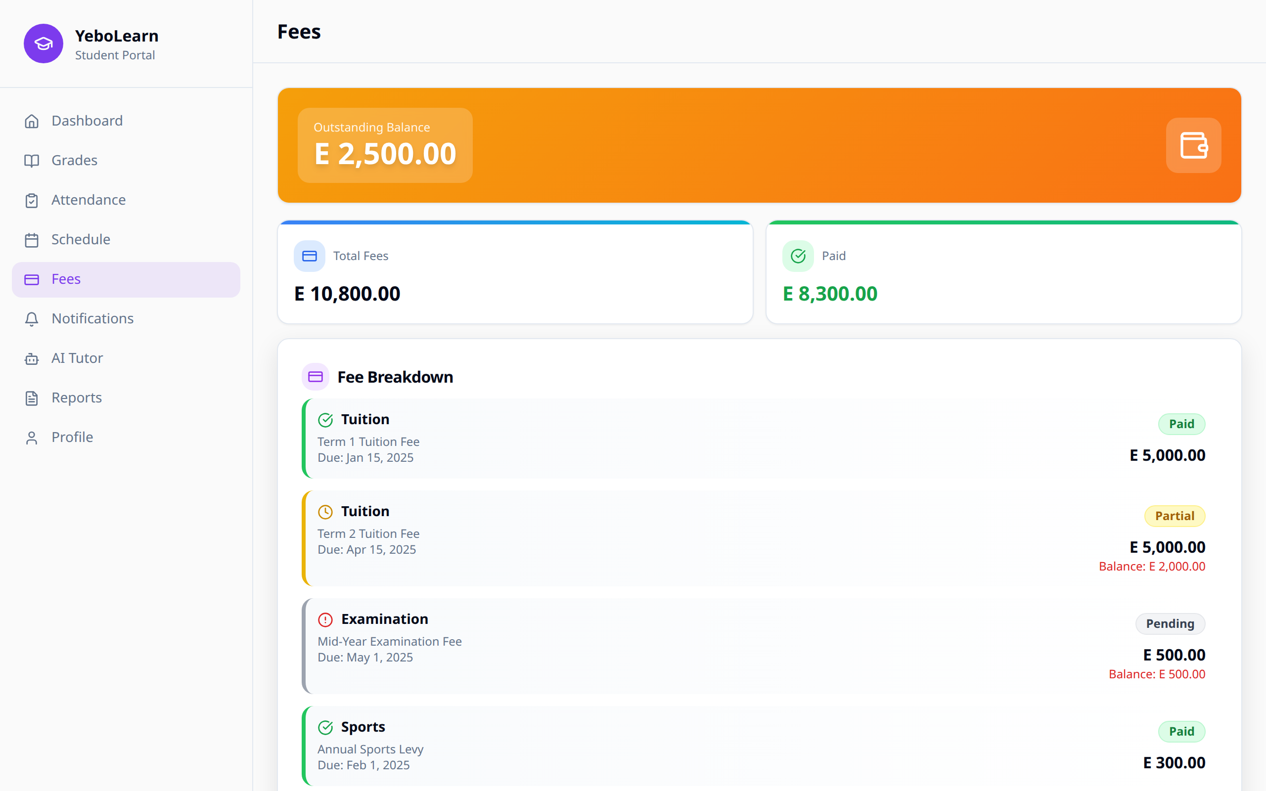 Fees main page