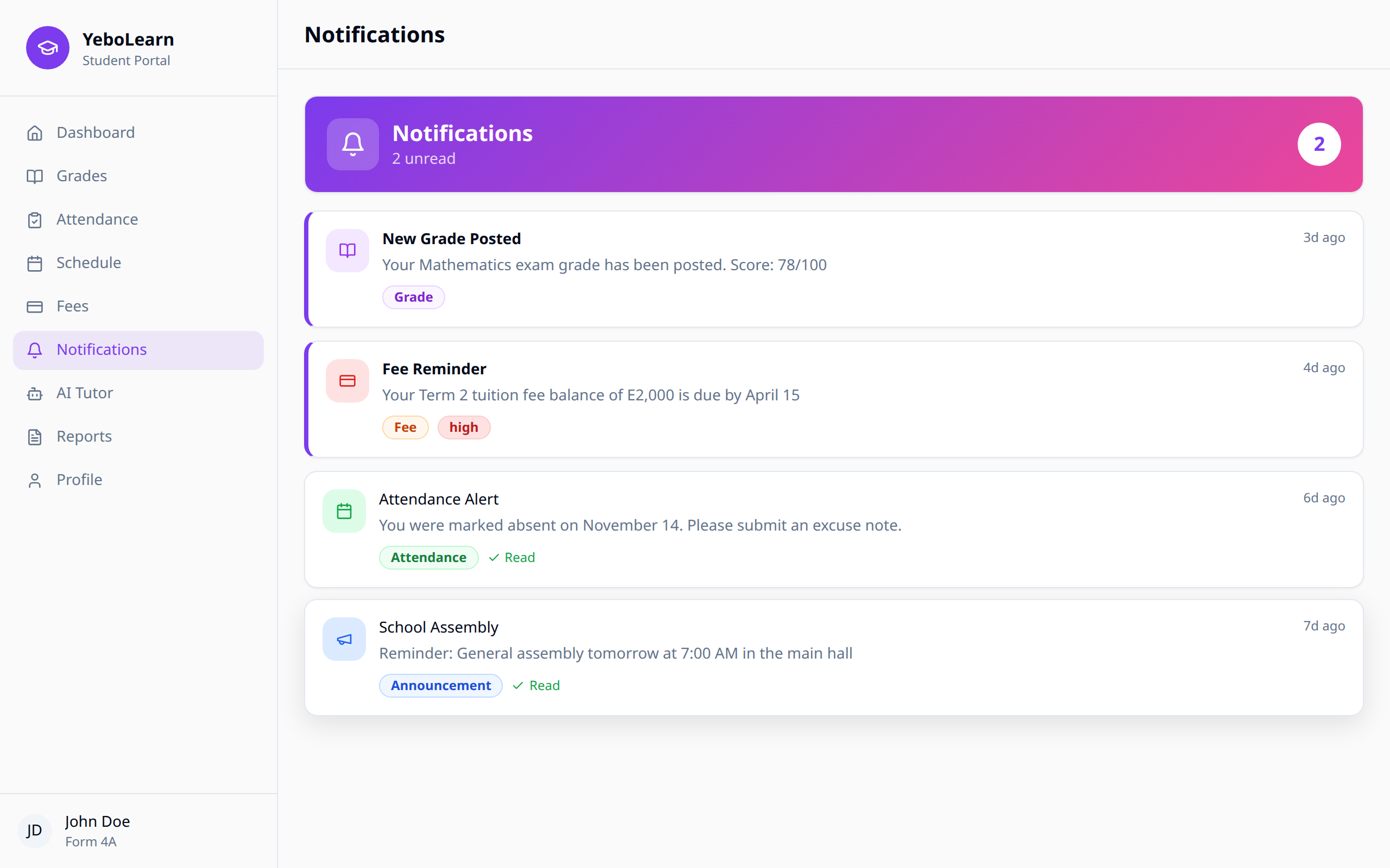 Notifications page