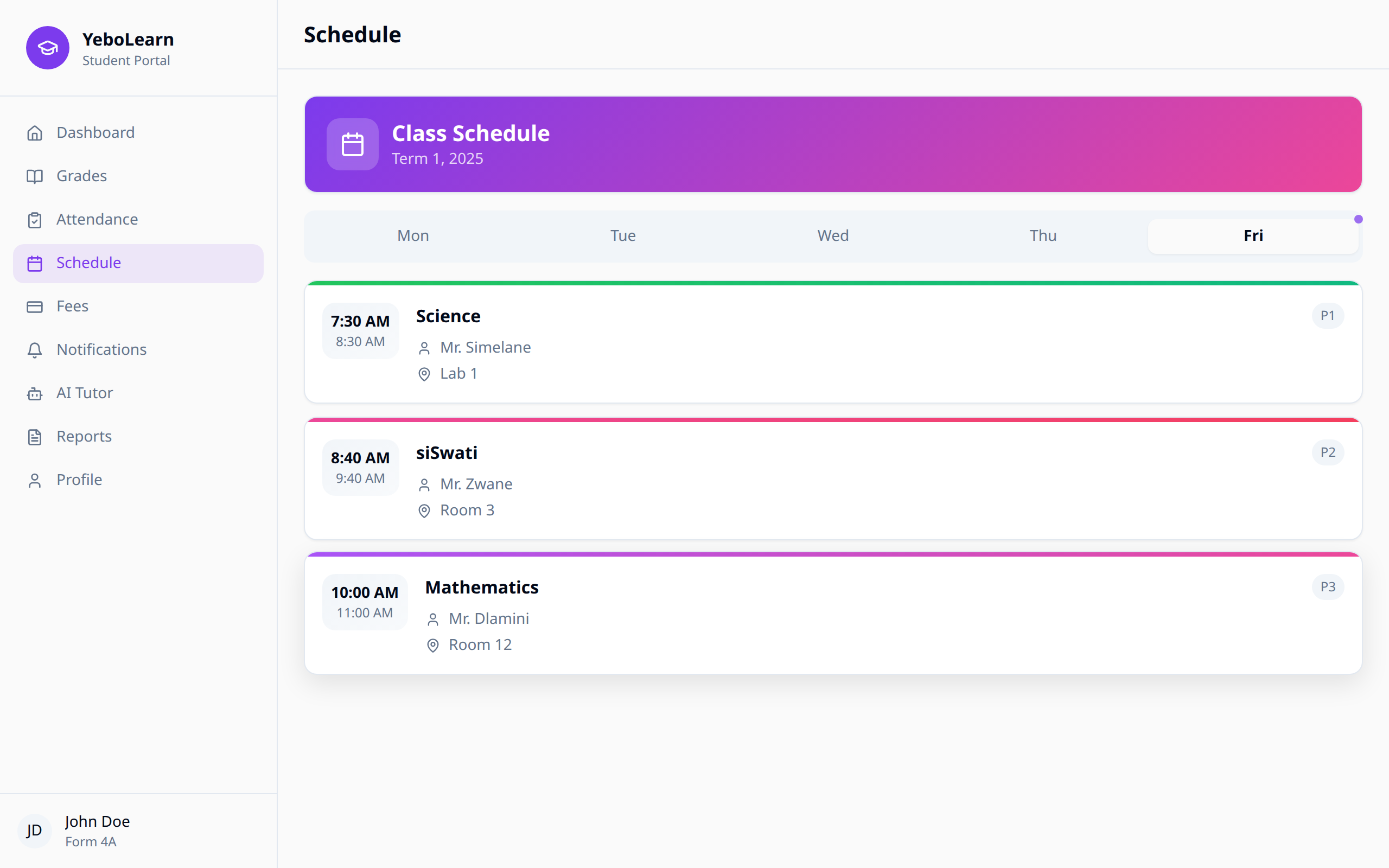 Schedule main page