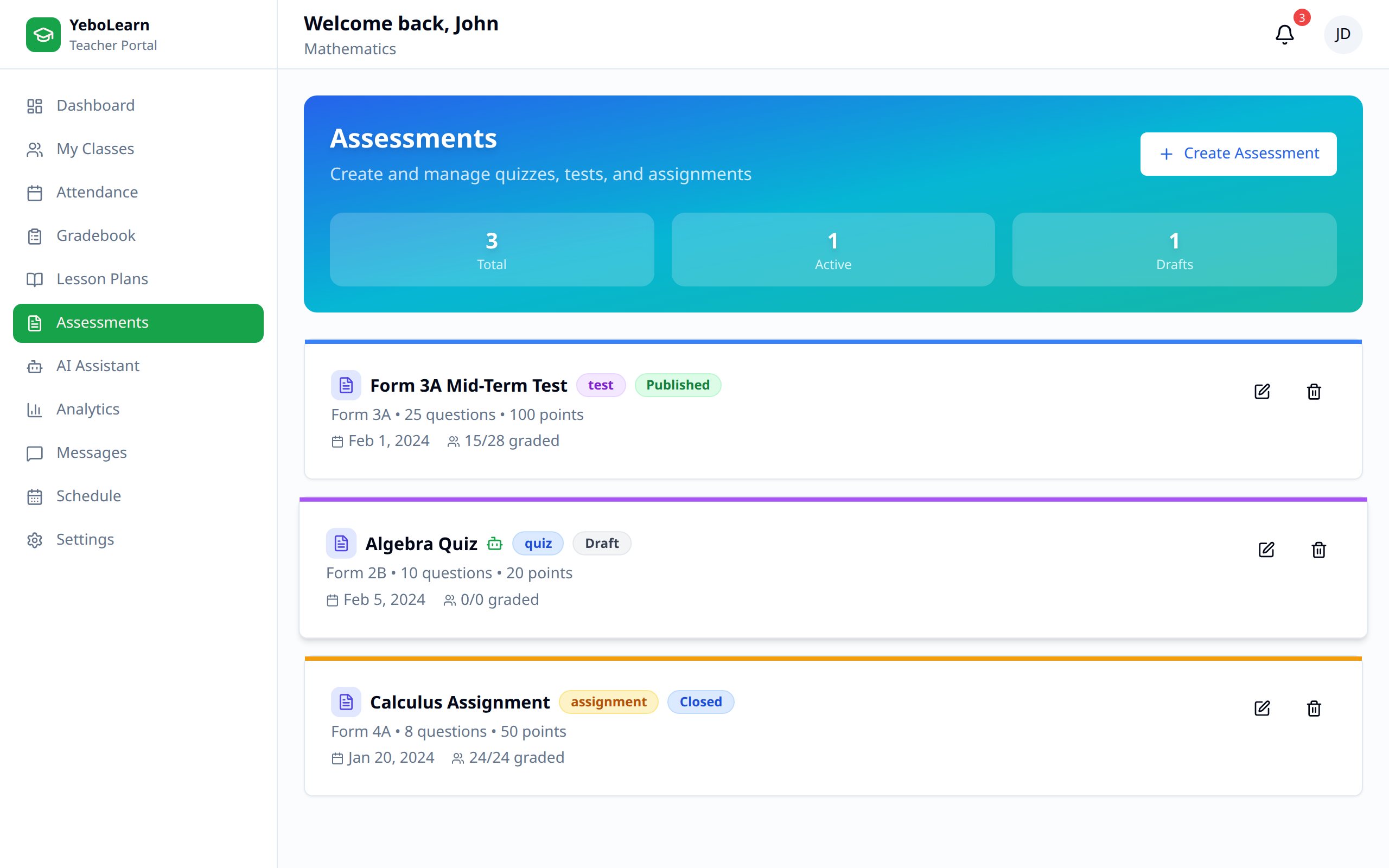 Assessments main page