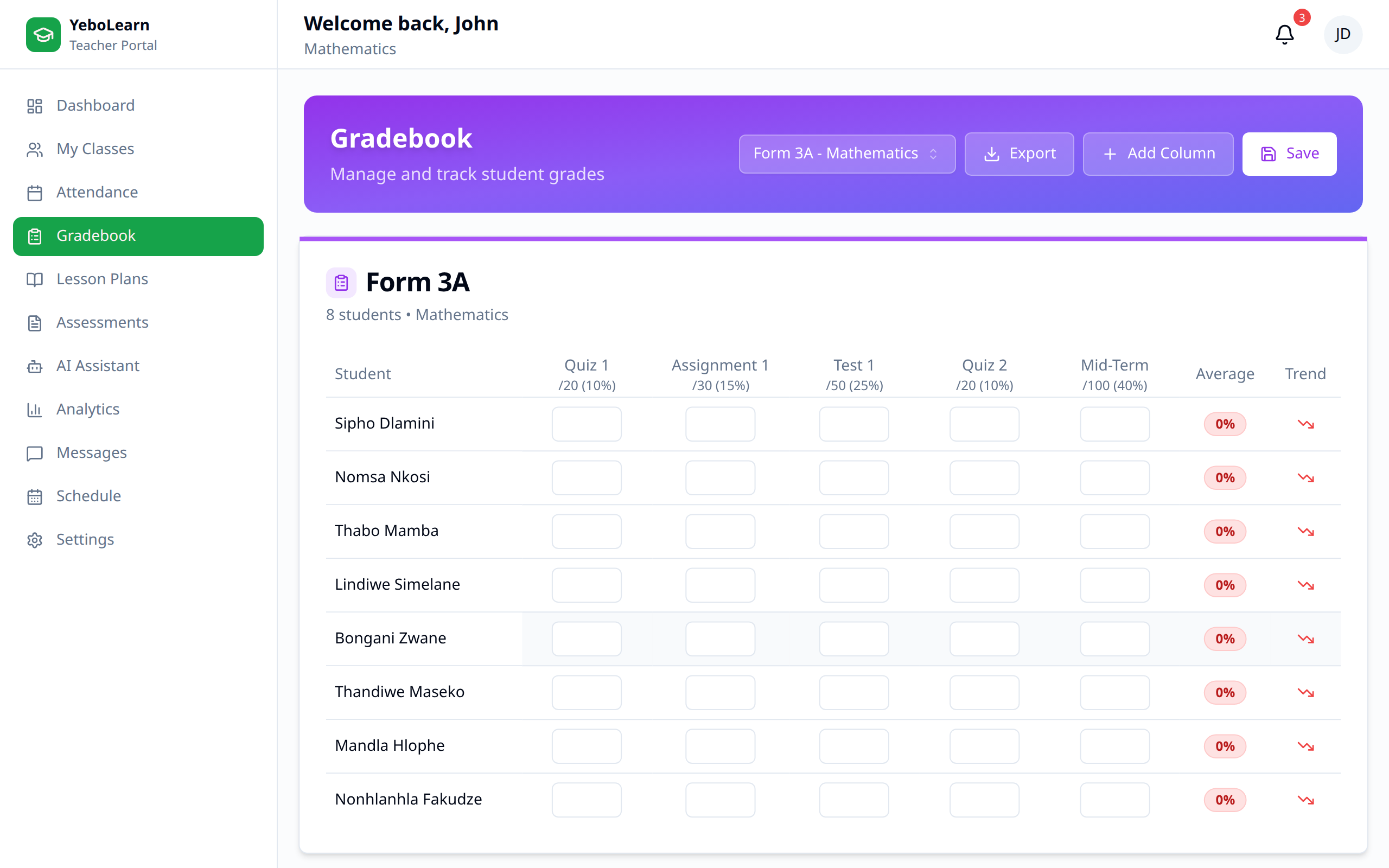Gradebook main page