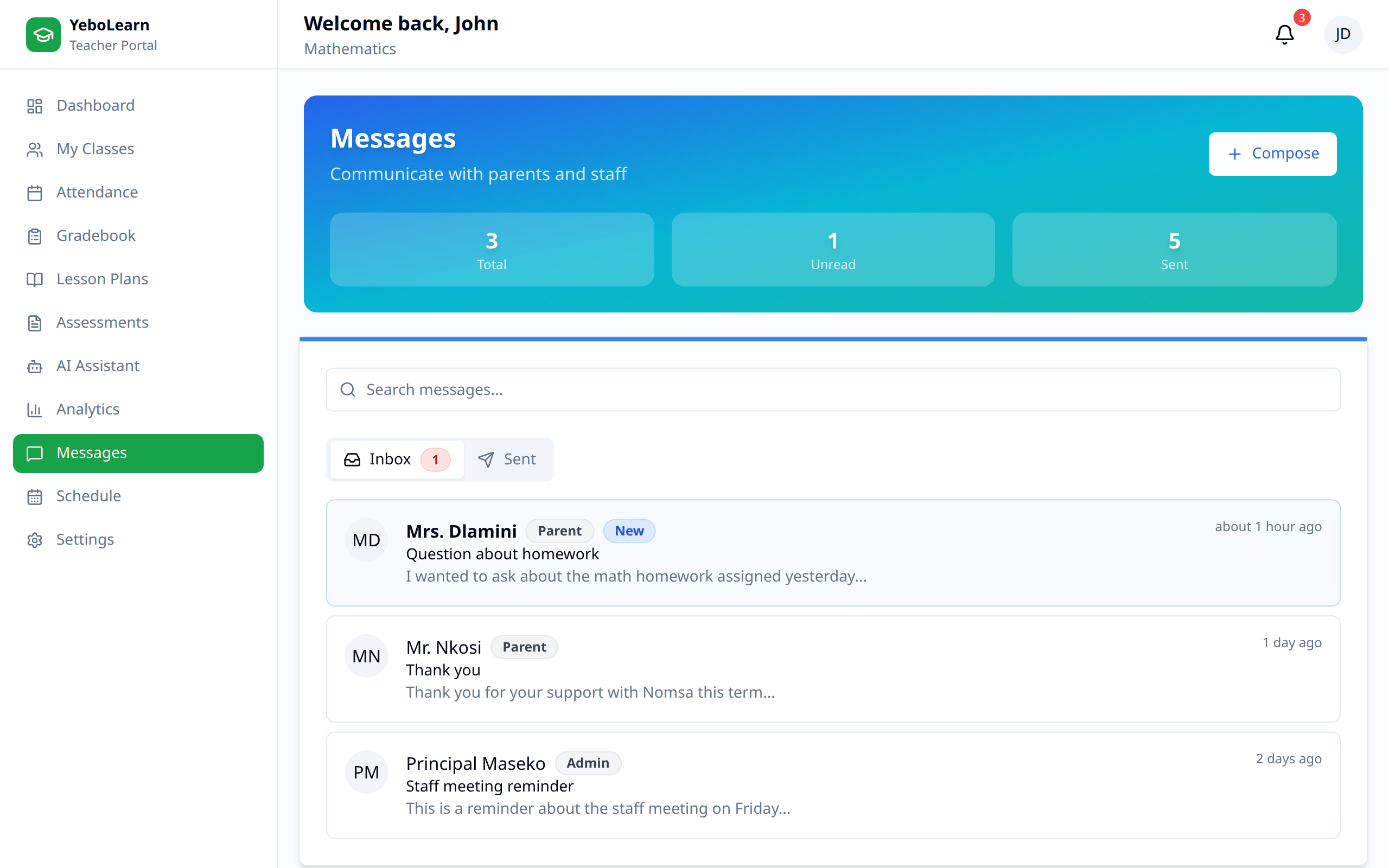 Messages main page