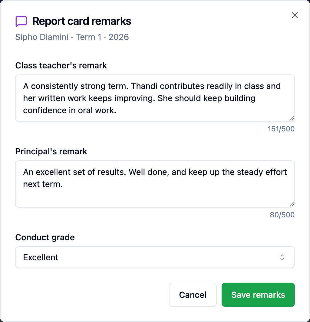 The remarks dialog with all three fields