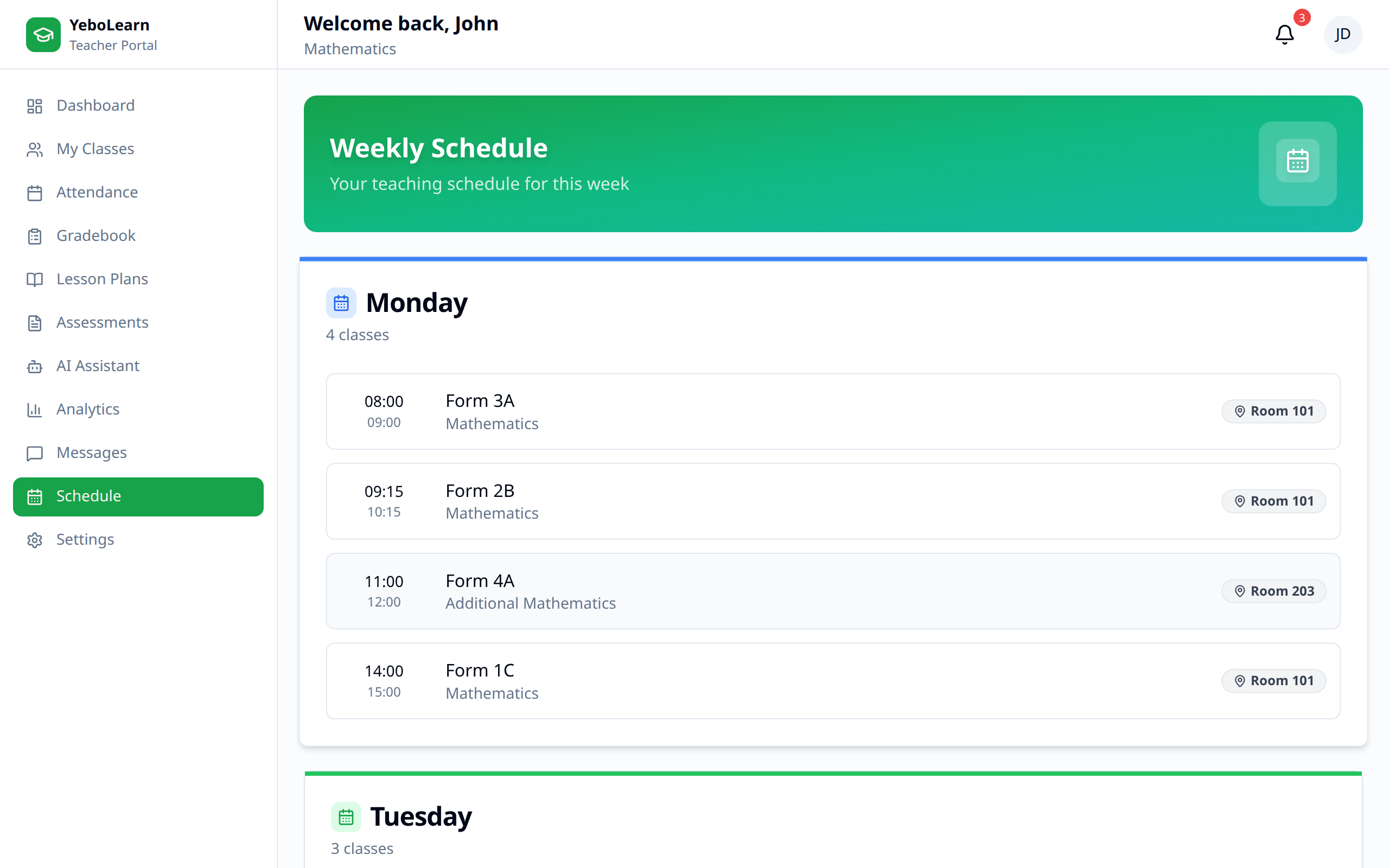 Schedule main page